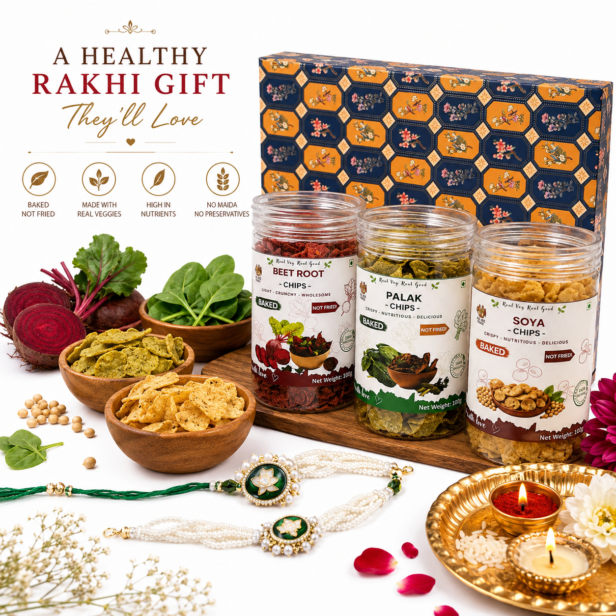 Premium Couple Rakhi  with Healthy Chips Combo